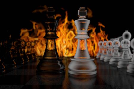 3D illustration glass chess kings on a background of fireの写真素材