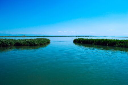 Beautiful lake horizon with clear blue sky in detailの写真素材