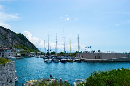 Marina for yachts against the backdrop of beautiful nature. Portopicolo, Italy. close upの写真素材