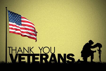 The words THANK YOU VETERANS in black and white and the American flagの写真素材