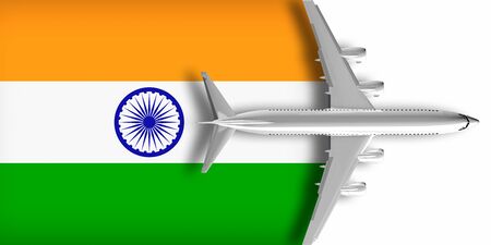 3D flag of India with an airplane flying over itの写真素材