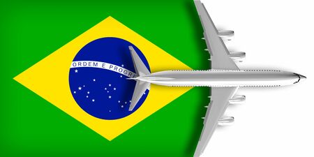 3D flag of Brazil with an airplane flying over itの写真素材