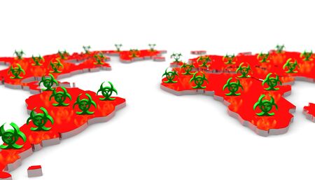 3D world map with biohazard signs.の写真素材