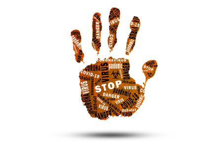 Handprint with the words Coronavirus, Pandemic, Covid-19の写真素材