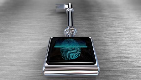 3D illustration of a key with a fingerprint scanner