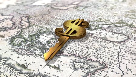 3D illustration of a key in the shape of a dollar sign