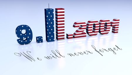 3D illustration American National Day Patriot Day. USA flags with american stars, stripes and national colors. New York International Trade Center.の写真素材