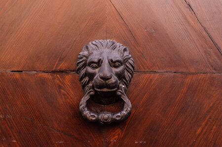 Door knocker in the form of a head on a wooden door close upの写真素材