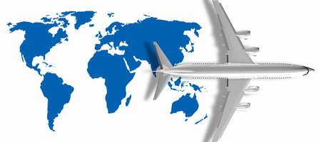 3d illustration of a commercial airplane flying over the world map close upの写真素材