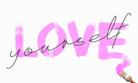 LOVE YOURSELF lettering with brush stroke effect on white backgroundの写真素材