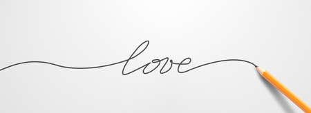Pencil writes on paper the word LOVE close up