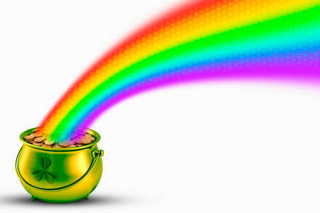 3d illustration cauldron with gold coins and rainbow close upの写真素材