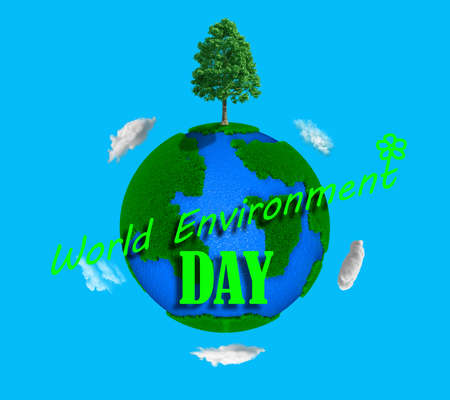 3D rendering World Environment Day. Globe with tree on blue background close upの写真素材