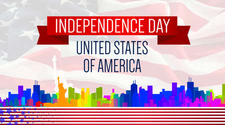 Independence Day. Festive illustration with the silhouette of the metropolis and the Statue of Liberty close upの写真素材