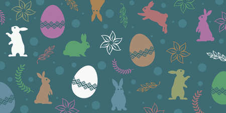 Colorful Easter banner with bunnies, eggs and flowers close up.