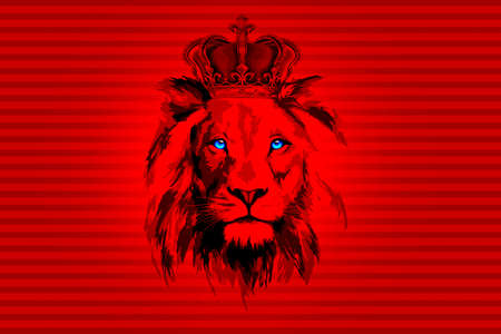 Beautiful lion with a crown on a red background close up.の写真素材