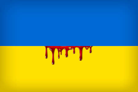 Ukrainian flag with blood stains on it close up.の写真素材