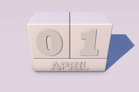 3D rendering inscription April 1st on white cubes in detail.の写真素材
