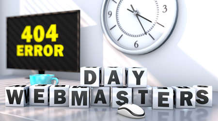3D illustration Day of Webmasters. Connection error 404. Text written on 3D cubes close up.