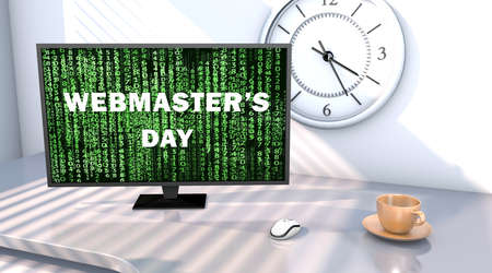 3D rendering Webmasters Day. Text on the monitor screen in detail.