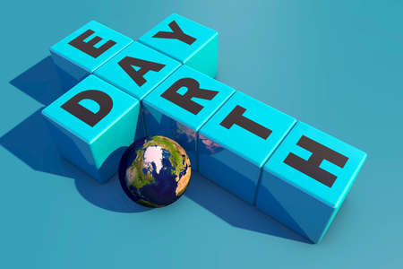 World Earth Day. 3D rendering text on cubes EARTH DAY with planet earth close up.の写真素材