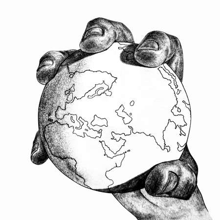 The hand holds the planet earth. Pencil drawing on white paper close up.の写真素材