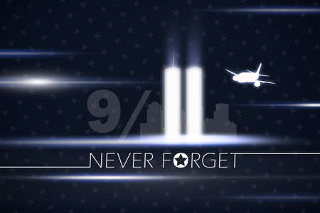 Patriot day. Twin towers on a starry background with the text NEVER FORGET close up.