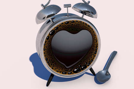 coffee drinks. Clock with coffee instead of a dial close up. 3D illustration.