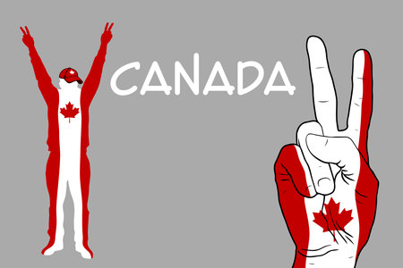 Canada day. A hand painted in the colors of the flag of Canada shows the sign of Peace close up.の写真素材