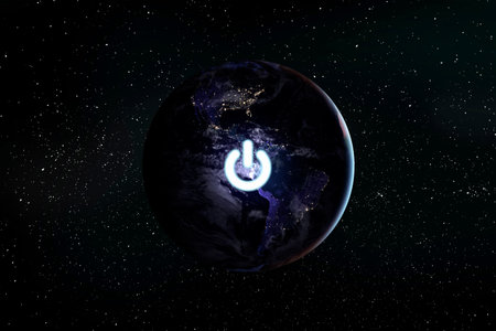 Planet Earth and electrical power button close up. Earth day and hour event. Ecology.の写真素材
