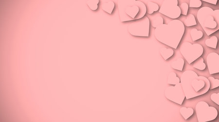 Paper pink hearts fly on soft pink color background, border, copy space. Valentine day concept for design close up.の写真素材