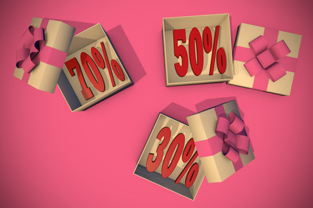 Holiday discounts. Open gift box 3D illustration close up. Sale.