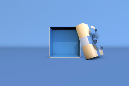 Open gift box on a blue background. 3D illustration of a gift close up.の写真素材