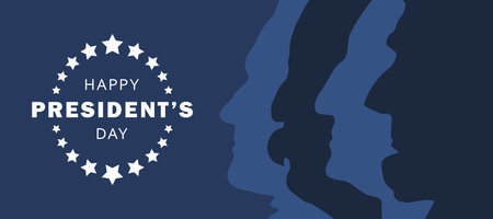Happy Presidents Day banner. Federal holiday in America. Banner with silhouettes of the faces of four US presidents Lincoln, Washington, Jefferson, Roosevelt close upの写真素材
