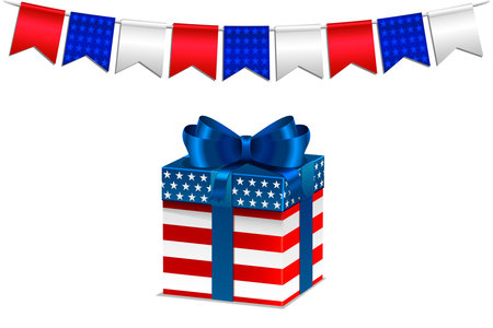 Holiday poster with American flags and gift box. Vector National holidays concept.のイラスト素材