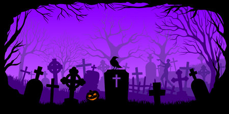 Happy Halloween banner. Pumpkin in the cemetery on Halloween close up. Vector illustration.のイラスト素材