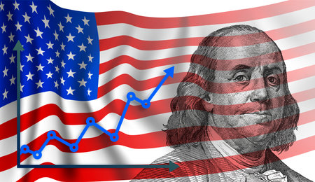 USA flag with Benjamin Franklin close up. Vector illustration.のイラスト素材