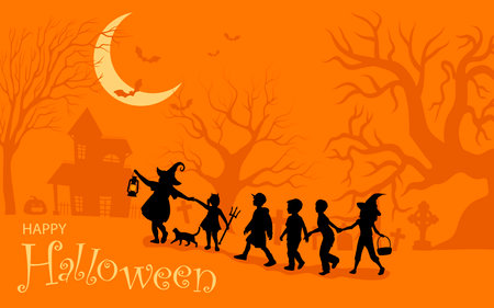 Happy Halloween. Children dressed in Halloween fancy dress to go Trick or Treating close up. Vector illustration.のイラスト素材
