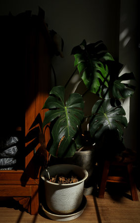 Monstera plant in a pot on a wooden floor in the darkの写真素材