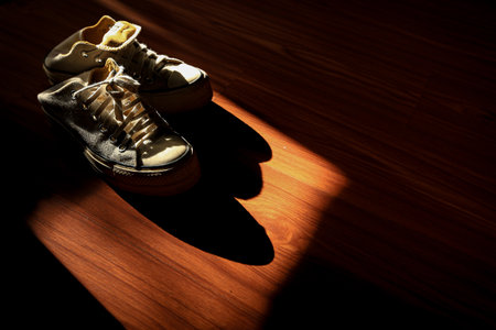 Black and white sneakers on a wooden floor with shadow from the sunの写真素材