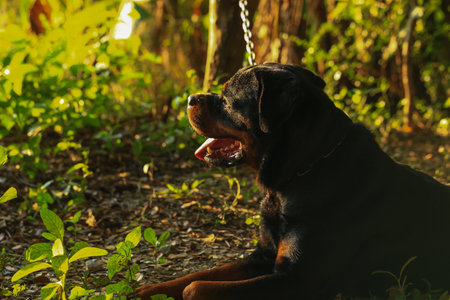 Rottweiler in the garden at sunset. Rottweiler dog lying on the floor and yawningの写真素材