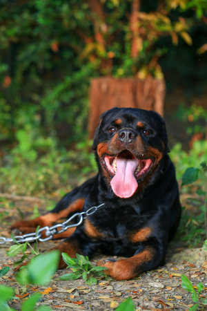 Rottweiler in the garden at sunset. Rottweiler dog lying on the floor and yawningの写真素材
