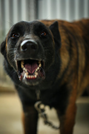 German shepherd dog, close-up portrait of a dog with open mouthの写真素材