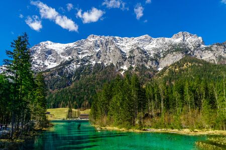 View on mountain landscape and Hintersee by Ramsau in Bavariaの写真素材