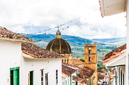 View on colonial buidlings in the streets of Barichara - Colombiaの写真素材