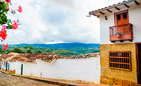 View on colonial buidlings in the streets of Barichara - Colombiaの写真素材