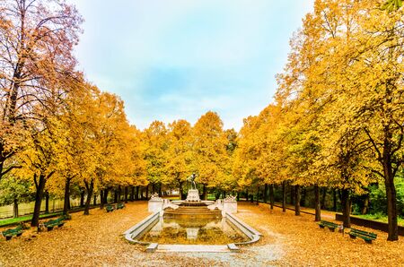 View on colorful Autumn trees arround Vater Rhein fountain in Munichの写真素材
