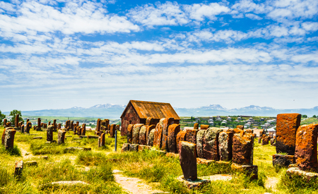Ancient tombstones on cemetery of Noratus in Armenia, near the Lake Sevan in Armeniaの写真素材