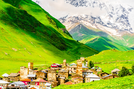 Village of Ushguli nexto to Mt Shkhara in Upper Svaneti, Georgia,の写真素材