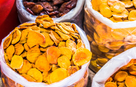 View on Dryed apricot displayed at a market in Kutaisi, Georgia.の写真素材